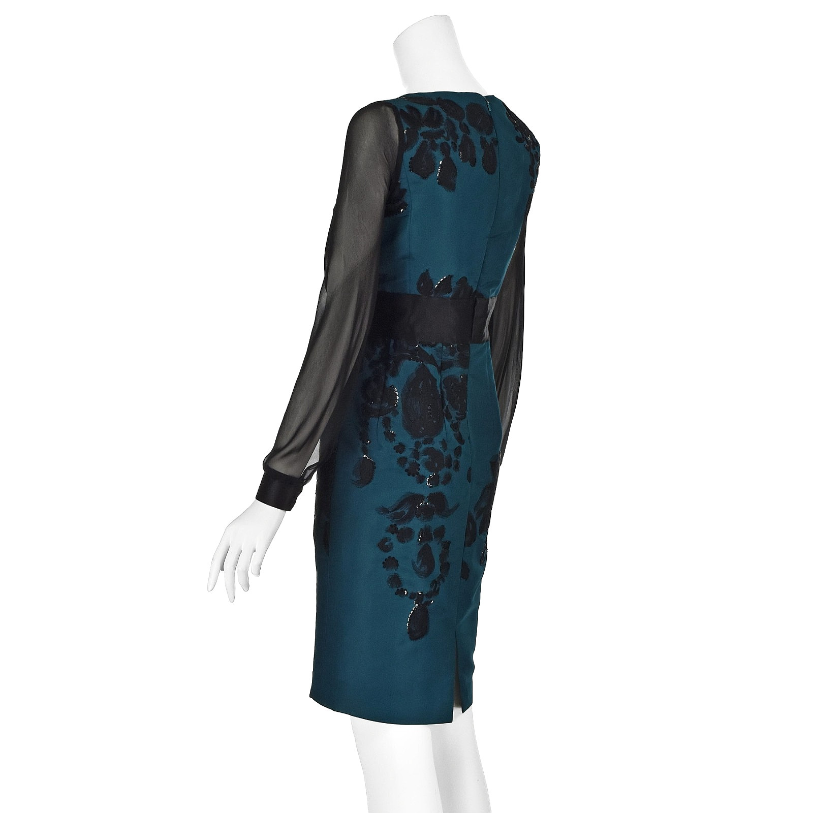 OSCAR DE LA RENTA Teal Silk Embroidered Dress w/Sheer Chiffon Sleeves F2012 SZ 8