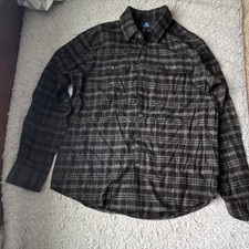 George Men's Plaid Flannel Button-Up Shirt Black Gray Size M 38-40 Pockets