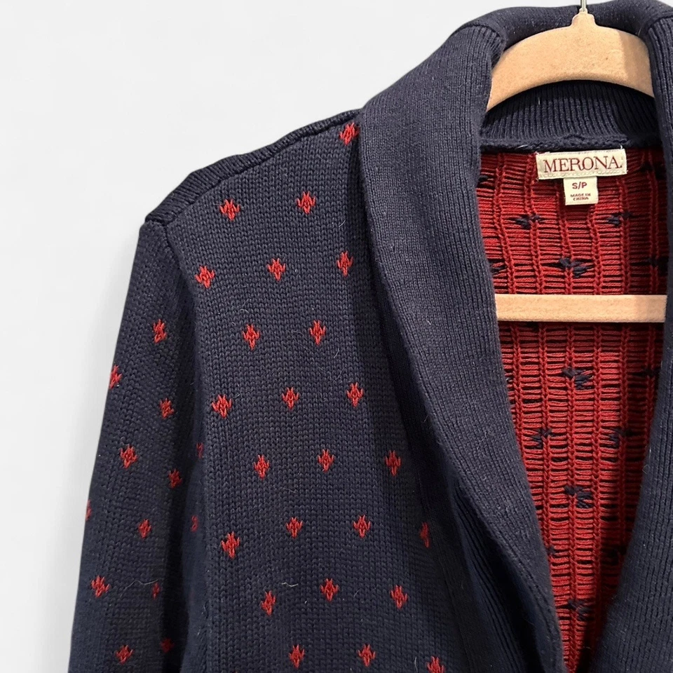 Cárdigan Merona 100 % algodón azul marino rojo lunares Heritage Preppy cuello chal Foto 4 de 4