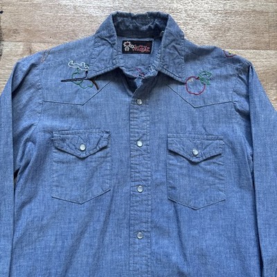 Vtg 70s Hi Gear Chambray Western Snap Shirt S Chain Stitch Embroidered Hippy