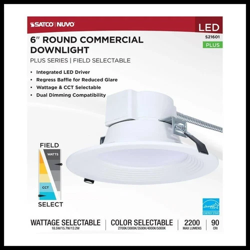 Satco S21601 - 18.5W Field Selectable LED 6" Commercial Downlight (1, 2 or 8 PK) - Picture 1 of 6