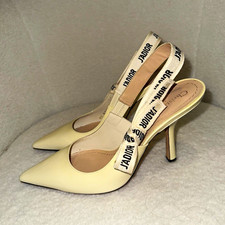 Dior Ivory Patent Leather Slingback Heels Pointed Toe Logo Bow EU 39