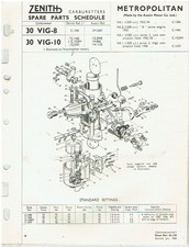 AUSTIN METROPOLITAN 1200 1500 ZENITH 30VIG-8/10 CARB SERVICE BULLETIN/PARTS LIST