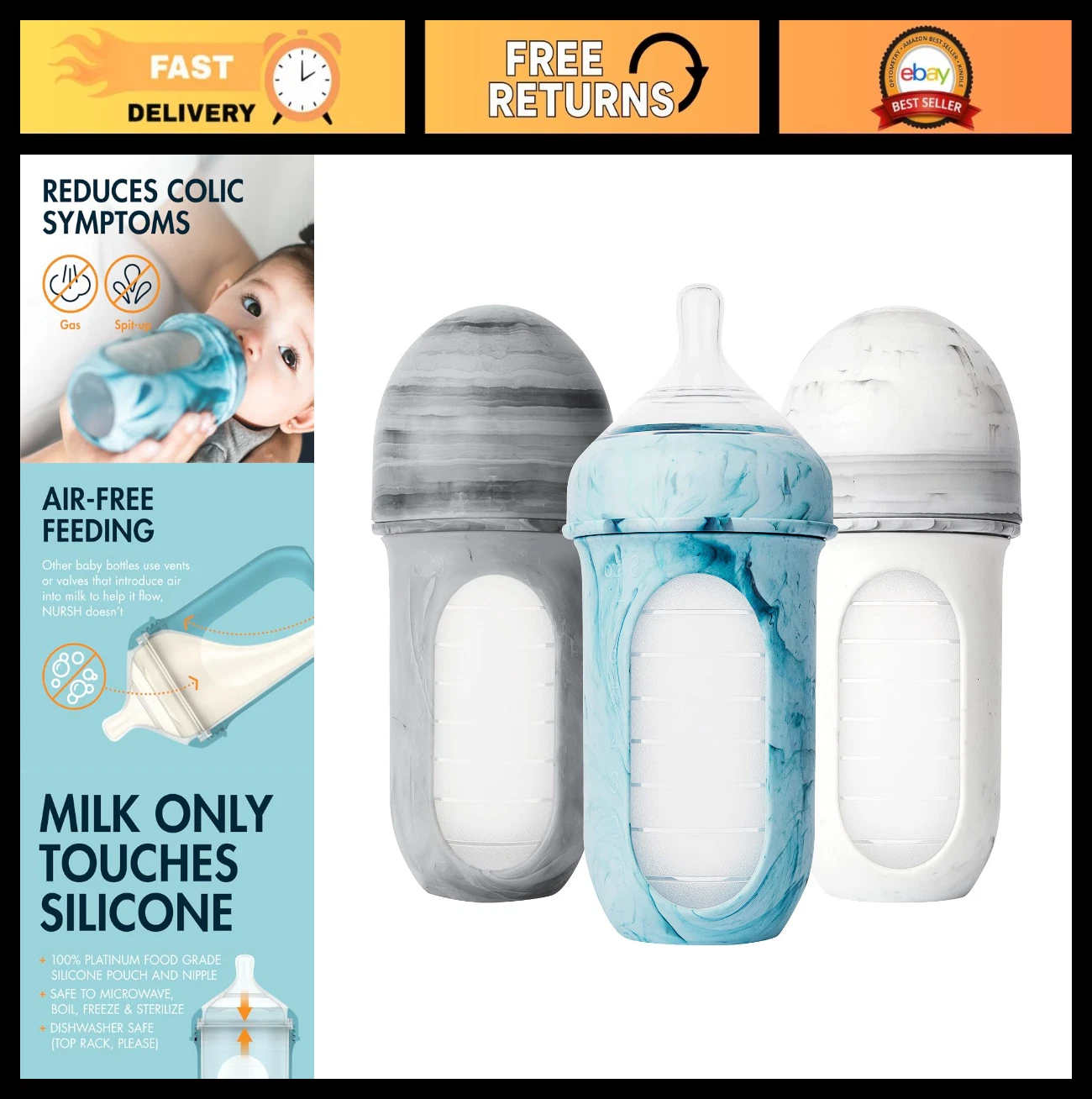 Reusable Silicone Baby Bottle Pouches with Medium Flow Nipples - 3 Count, 8oz, T