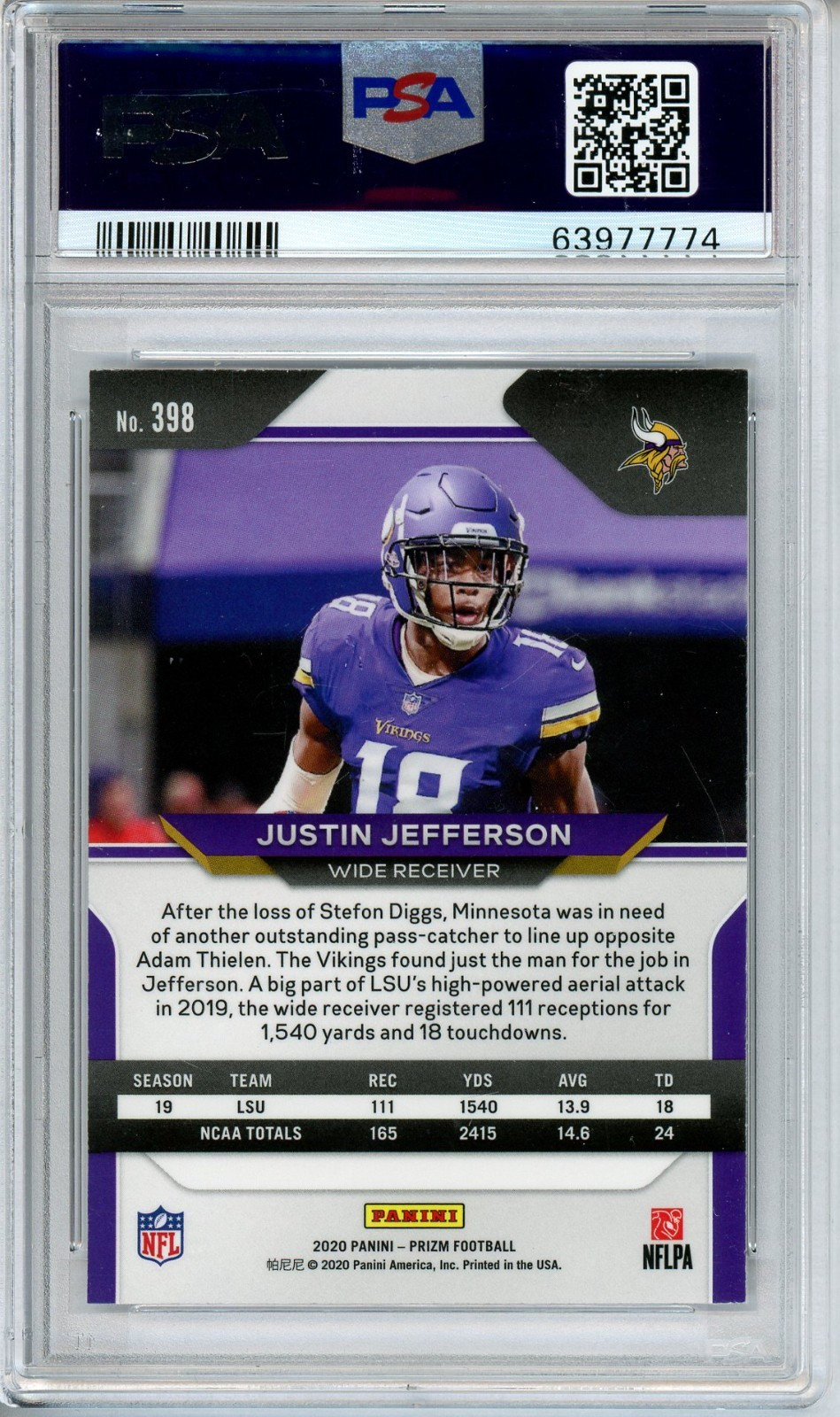 2020 Panini Prizm Justin Jefferson #398 ROOKIE SP Variation PSA 10 GEM MINT RC view 2