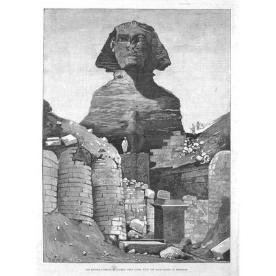 ÄGYPTEN Die Sphinx bei Gizeh bei Kairo laufende Ausgrabungen - antiker Druck 1886