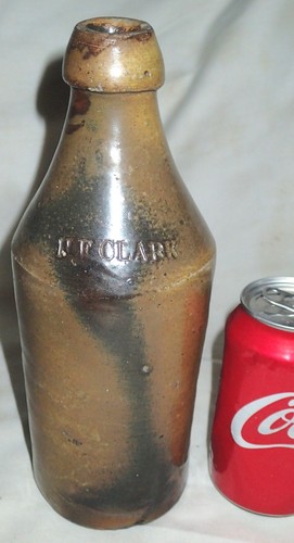 ANTIQUE 1850' PRIMITIVE H.F. CLARK STONEWARE BEER BOTTLE CROCK JUG CHICOPEE MASS - Picture 7 of 8