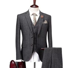 Charcoal Gray Men's Herringbone Tweed Vintage Check Groom Tuxedos Wedding Suit