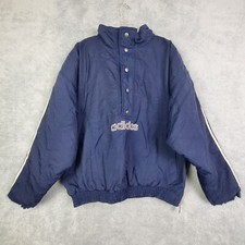 Vtg 90s Adidas Mens Pullover Jacket Sz L Blue Embroidered Quilted Snap Buttons