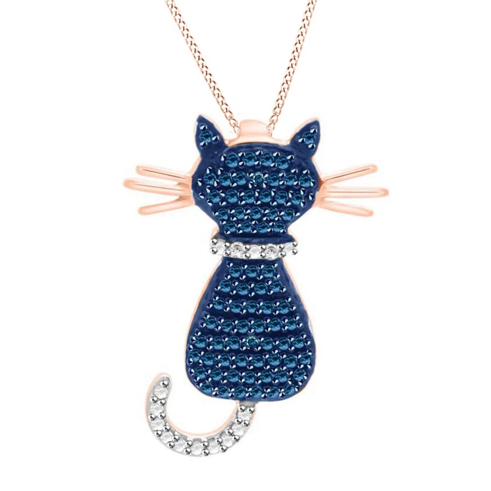 Colgante gato diamante azul y blanco con cadena chapada en oro rosa de 18" de ley Foto 2 de 4