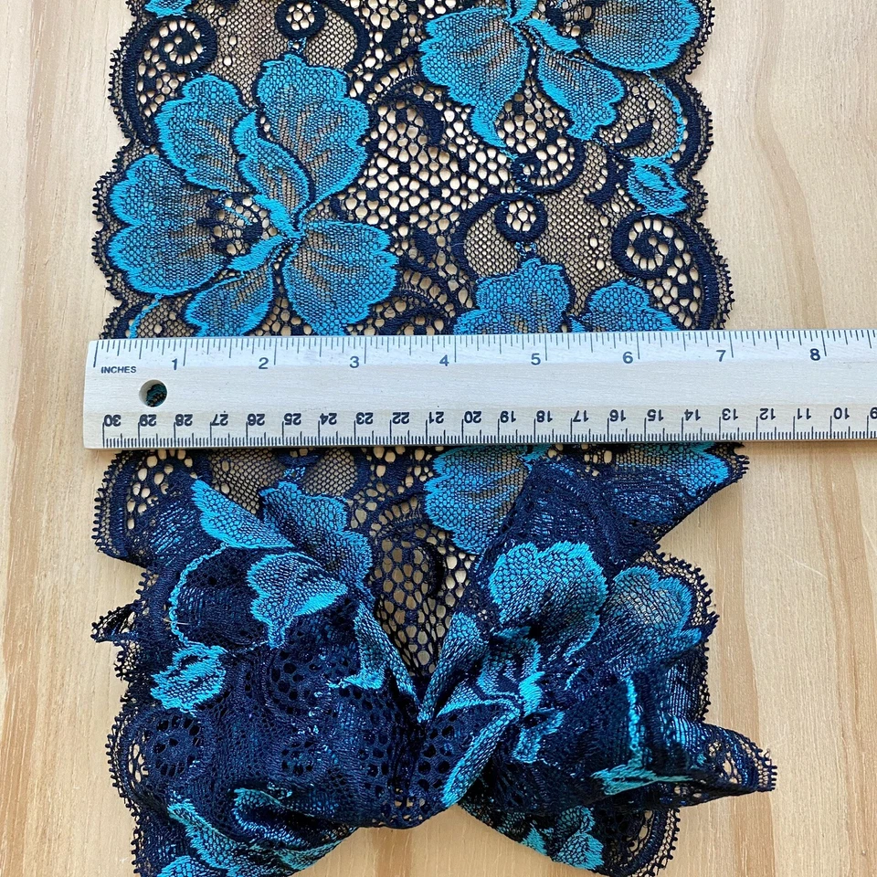 Borde de encaje de malla elástico Paris verde y negro estampado floral/costura/artesanía/7" de ancho Foto 4 de 4