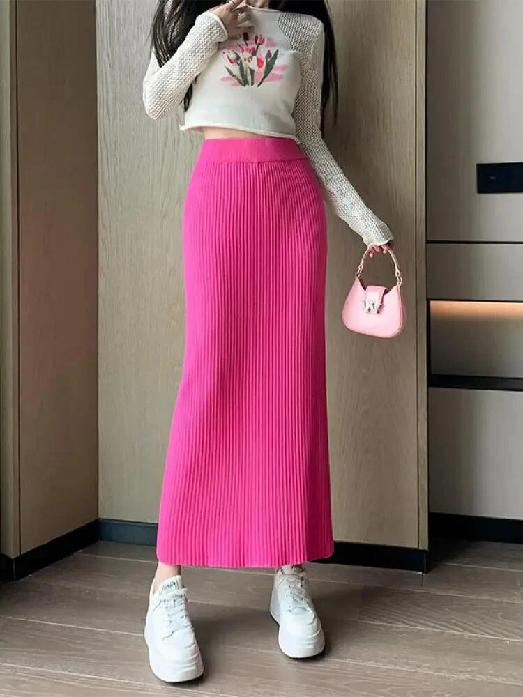 Autumn Winter Women Solid Straight Knitted Skirt Elastic High Waist Ladies