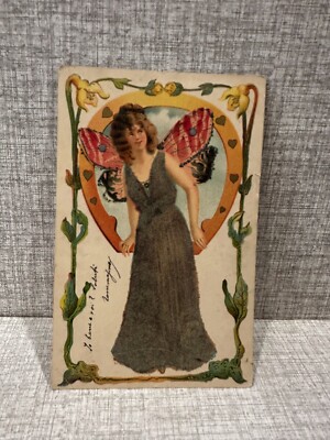antique postcard WOMAN WITH BUTTERFLY WINGS IN FLORAL FRAME