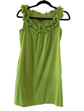 London Style Signature Lime Green Ruffled Scoop Neck Mini Dress Pockets Size 6