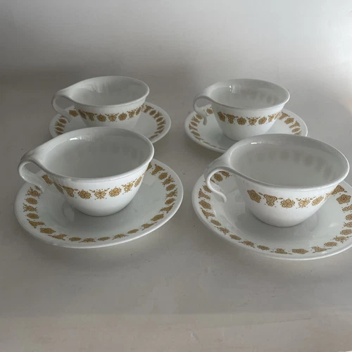 Vintage Corelle Butterfly Gold 4 Coffee Cups w/ Hook Handles 4 saucers