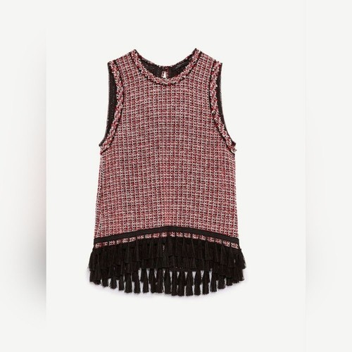 Zara tweed sleeveless Women's shirt vest RED FRINGED Streetwear modern Size L - Picture 2 of 8