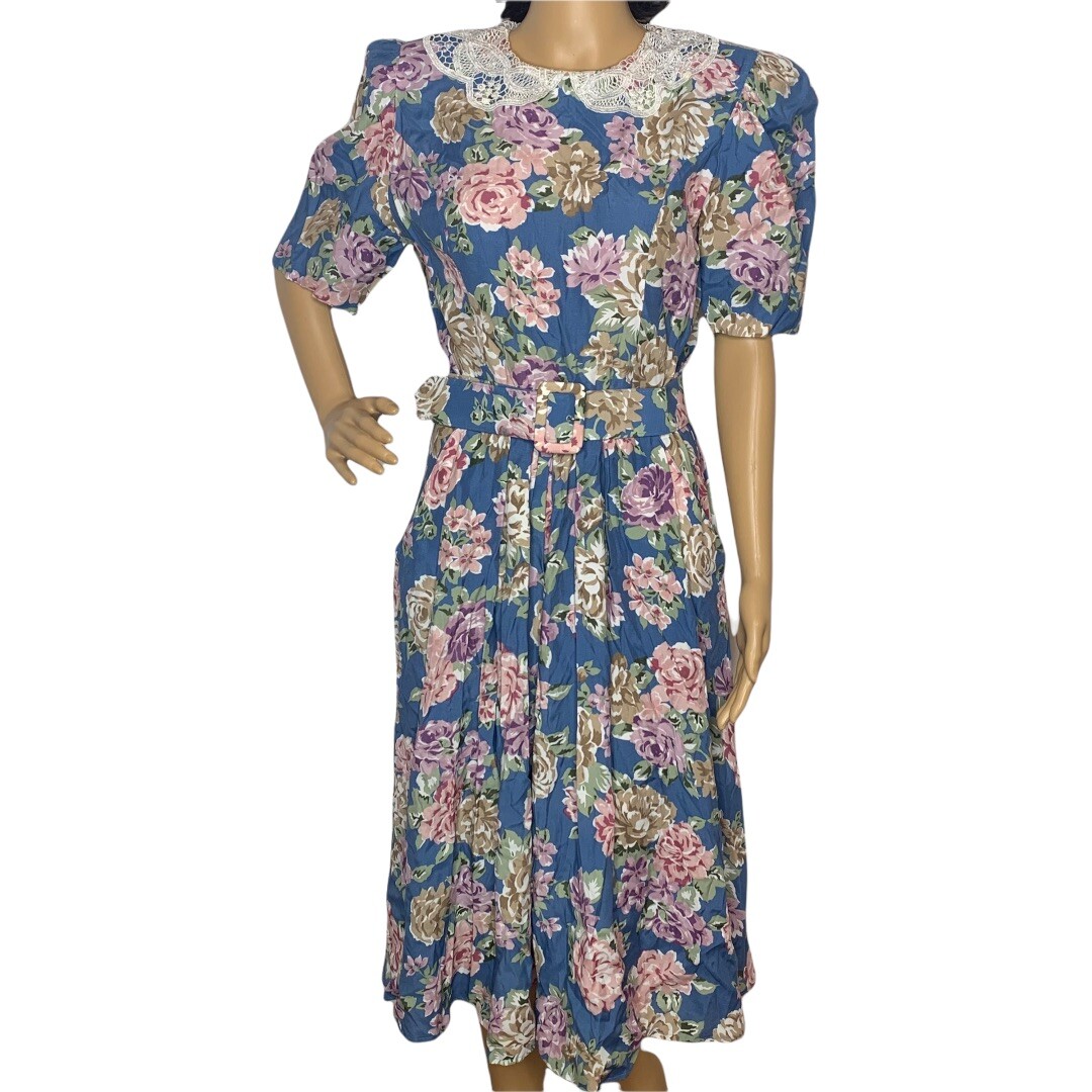 90s tea dress Vintage Floral Cottagecore Tea Dress Lace Collar 90s Modest Karin Stevens  Sz 12