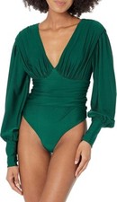 Steve Madden Women's Kali Bodysuit, V-Neck, Bishop Sleeves, Pine Green