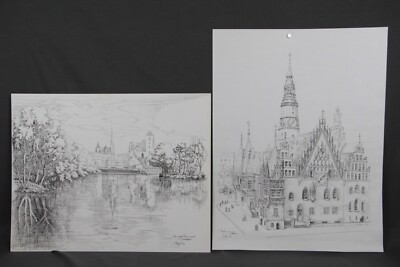 2x Große Zeichnungen Ansichten Breslau Rathaus Dom Kirche Sehenswürdigkeit 1991
