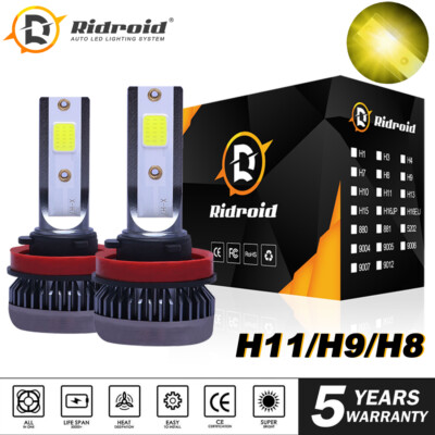 2X H11 Mini Ultra-light Yellow 3000K COB LED Headlight High Low Beam Fog Bulbs