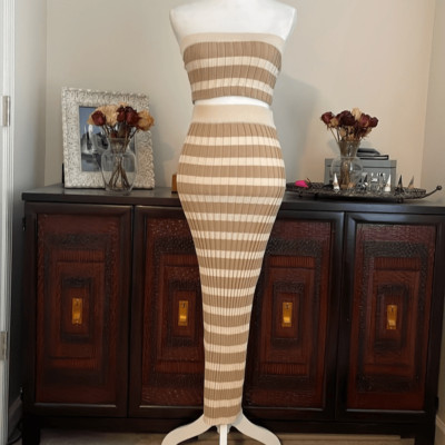 EVNL Wishy Washy Cropped Knit Skirt Set - Cream/Beige