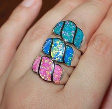inlaid fire opal ring gems silver plated jewelry wedding engagement cocktail