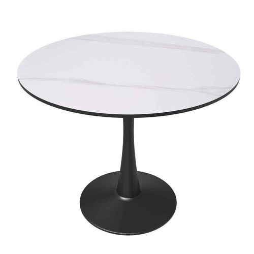 35.46 in. Round White Stone Top with Black Pedestal Base Dining Table