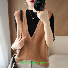 Wool Blend Cashmere Women's Loose V-Neck Solid Color Pullover Outer Knitted Vest