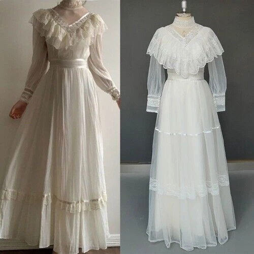 OFF WHITE Abito da sposa vintage collo alto maniche lunghe trasparenti taglie forti retrò vittoriano linea A