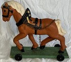 Antique Hand Painted Composition Ceramic Horse Wooden Platform Pull Toy — photo 1