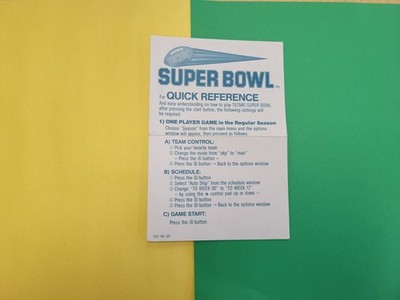 Tecmo Super Bowl Quick Reference Card TEC-4U-US INSERT ONLY Authentic