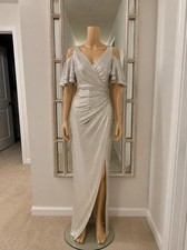 Silver Solid V-Neck Flutter Sleeve Ruched Wrap Maxi Dress Side Slit M