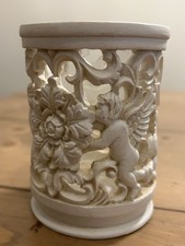 Vintage Mid Century Ornate Plaster Candle Holder Cherub Floral Lacework Filigree