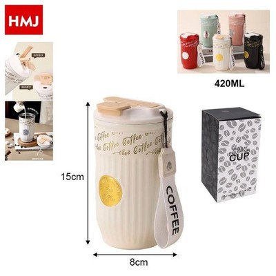 Thermo Reise Tasse Kaffee 420ml Glas Tasse hoher Rand mit Deckel hmj