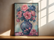 Vintage Floral Vase Art Print Pink Roses Classic Botanical Wall Decor