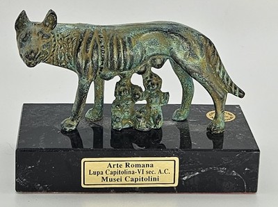 Capitoline Wolf Statue Romulus Remus Italian Marble Base Bronze Patina