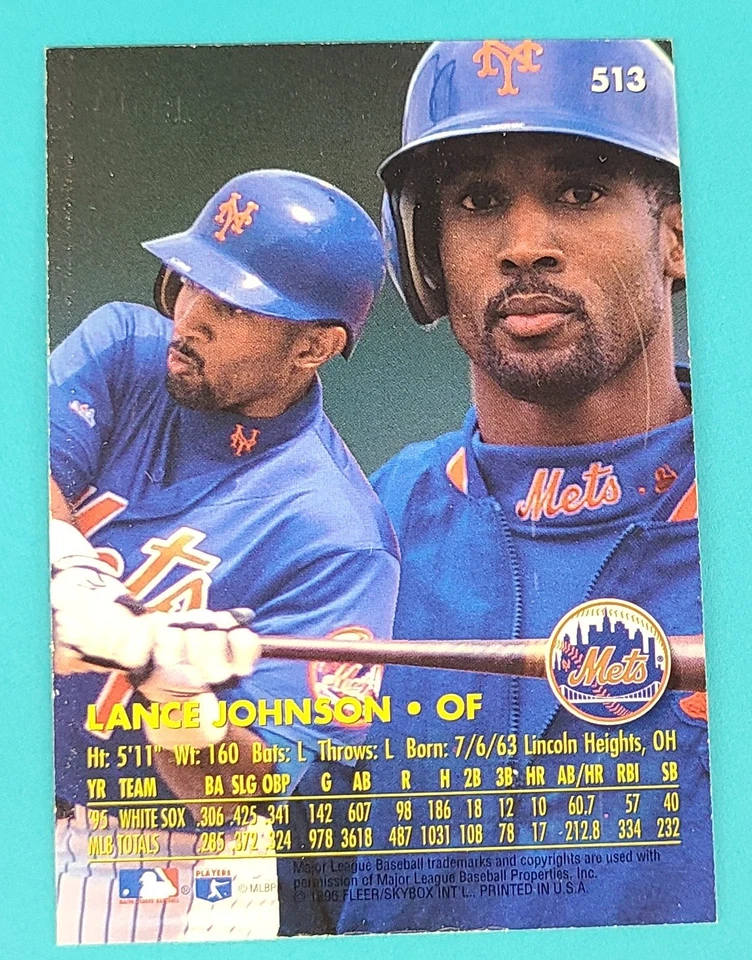 1996 Ultra Gold Medallion #513 Lance Johnson New York Mets Baseball Card W2 - Image 2 of 2