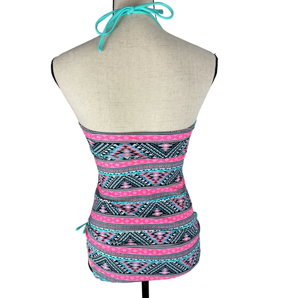 Maiô Island Soul Tankini rosa listrado Ikat biquíni sem alças feminino pequeno - Imagem 4 de 4