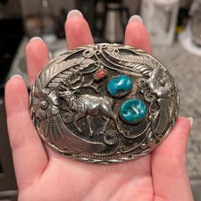 Handmade SSI Southwest Turquoise Coral Moose Deer Elk Feather Nickel Belt Buckle