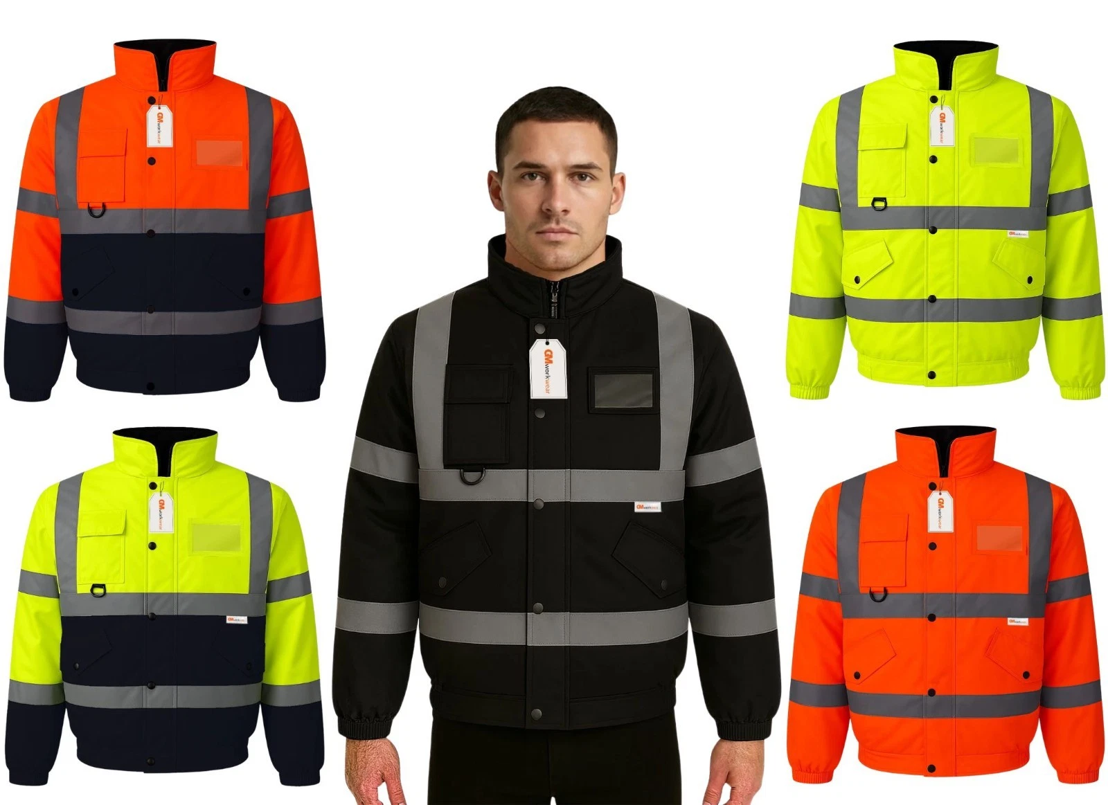 Hi Vis Bomber Jacket Padded Thermal 300D Oxford Storm Proof Safety Workwear UK