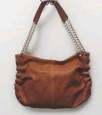 Vintage Genuine Leather Cognac Brown Shoulder Bag W Gathered Sides & Chain Strap