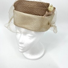 Vintage 60s Womens Champagne Two Tone Pillbox Hat Netting and Hat Pin Fascinator