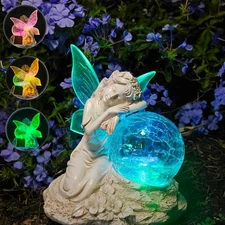 Fairy Garden Statue ，Solar Garden Decor ，Fairy Statue Outdoor with Glass Ball...