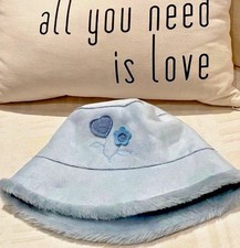 N.Y.C Girls Bucket Hat Blue Faux Suede And Fur Lining Heart Flower Appliqu s