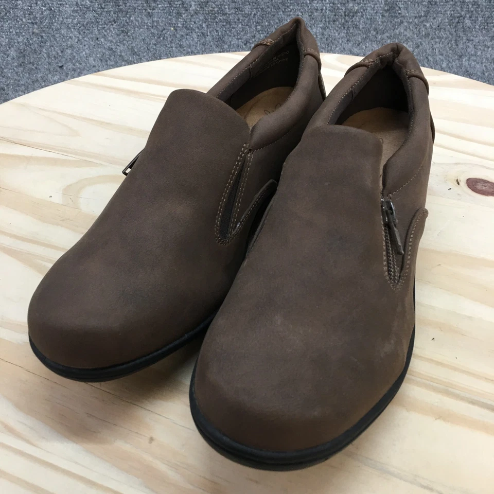 Mocasín Hush Puppies para mujer 8,5 W marrón estilo suave sin cordones cremallera cuero informal Foto 3 de 4