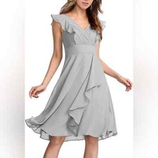MORI LEE Madeline Gardner Gray Chiffon V-neck Dress Sz 8