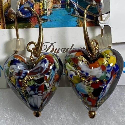 Murano Glass Heart Bronze Gold Foil Dangle Earrings NEW