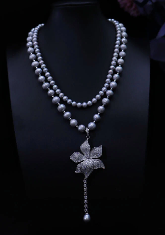 Natural 5-6mm 9-10mm Gray Freshwater Pearl Necklace 18" 19" CZ Pendant For Women - Image 2 of 4