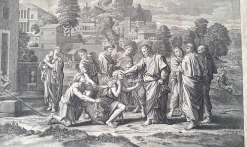 Gravure N. Poussin & G. Chasteau Jésus Christ accomplissant un miracle XVIIème - Afbeelding 1 van 7