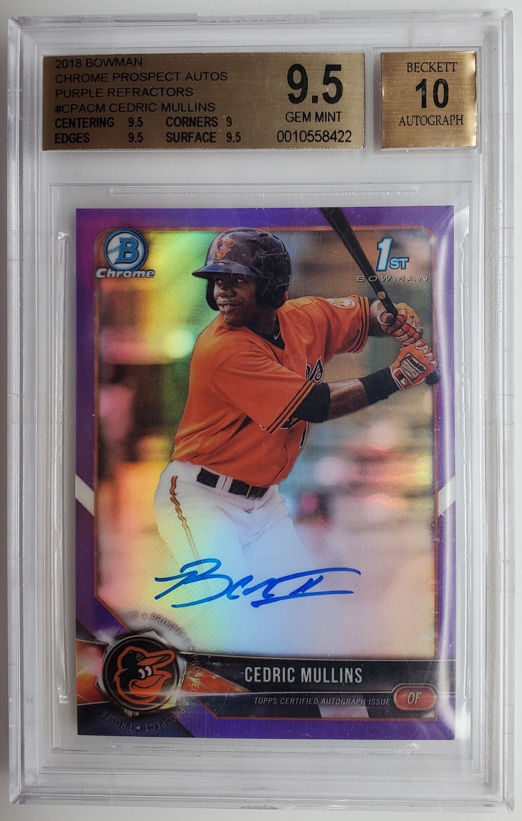 2018 Bowman Chrome Purple Cedric Mullins Autograph RC 076/250 BGS 9.5 w 10 Auto